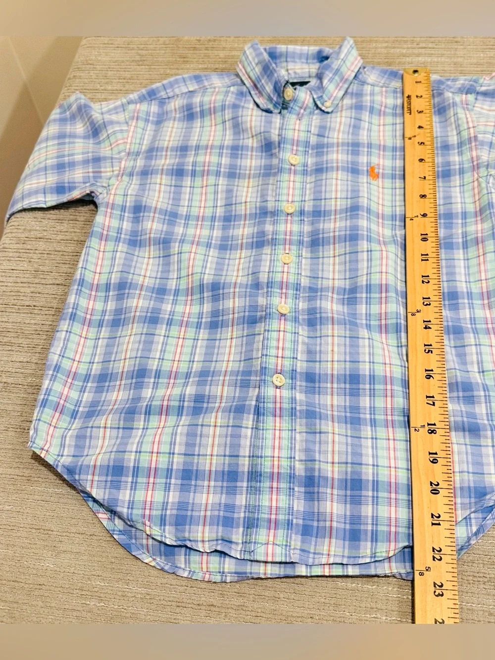 Ralph Lauren Childrens Blue Plaid Short Sleeve Dress Shirt Orange Pony Size 8/10
